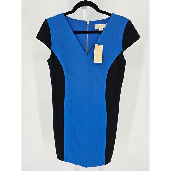 Michael Kors Dresses & Skirts - Michael Kors Womens Sz 6 Knee Length Career Dress Black Blue V Neck Short Sleeve
